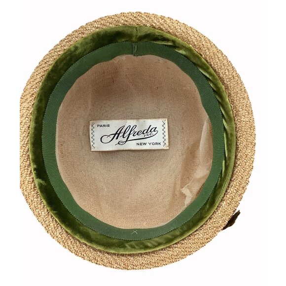 Vintage 60s Alfreda Inc Straw Boater Hat With Green Velvet Band & Red Strawberry - Picture 8 of 11